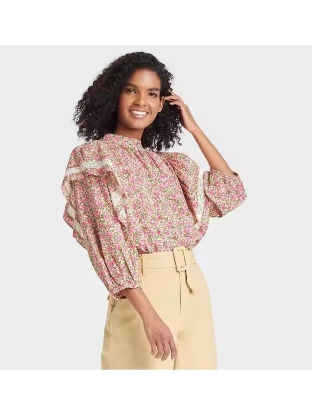 Who What Wear Blouse Medium Floral Peasant Top Ruffle Sleeve Pink Green Bohemian
